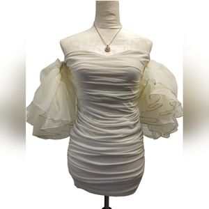 Beige off shoulder ruffle trim ruched mesh bodycon dress